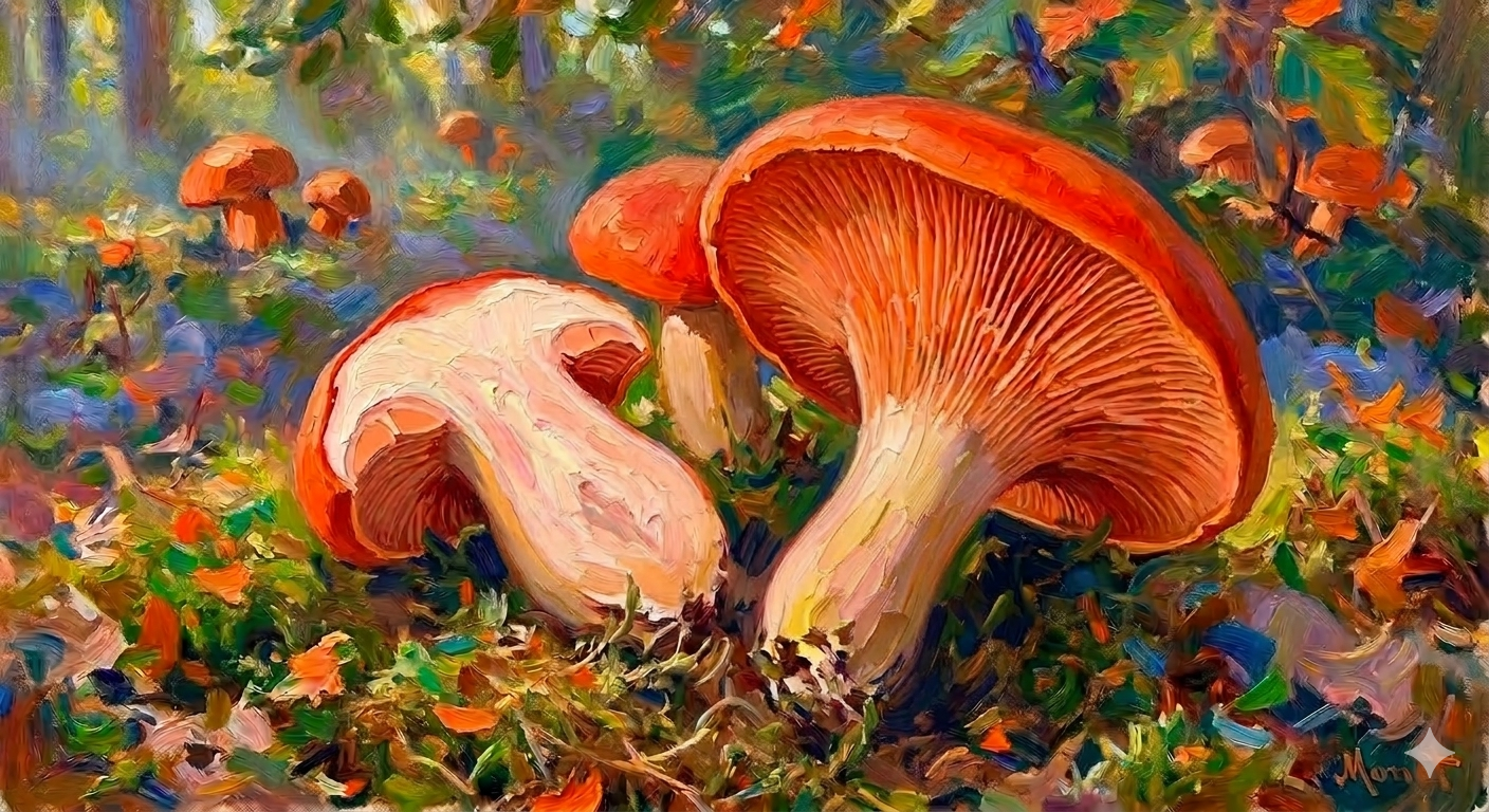 False chanterelle (Hygrophoropsis aurantiaca), a poisonous look-alike of the Golden chanterelle. Features bright orange color and crowded, thin gills.